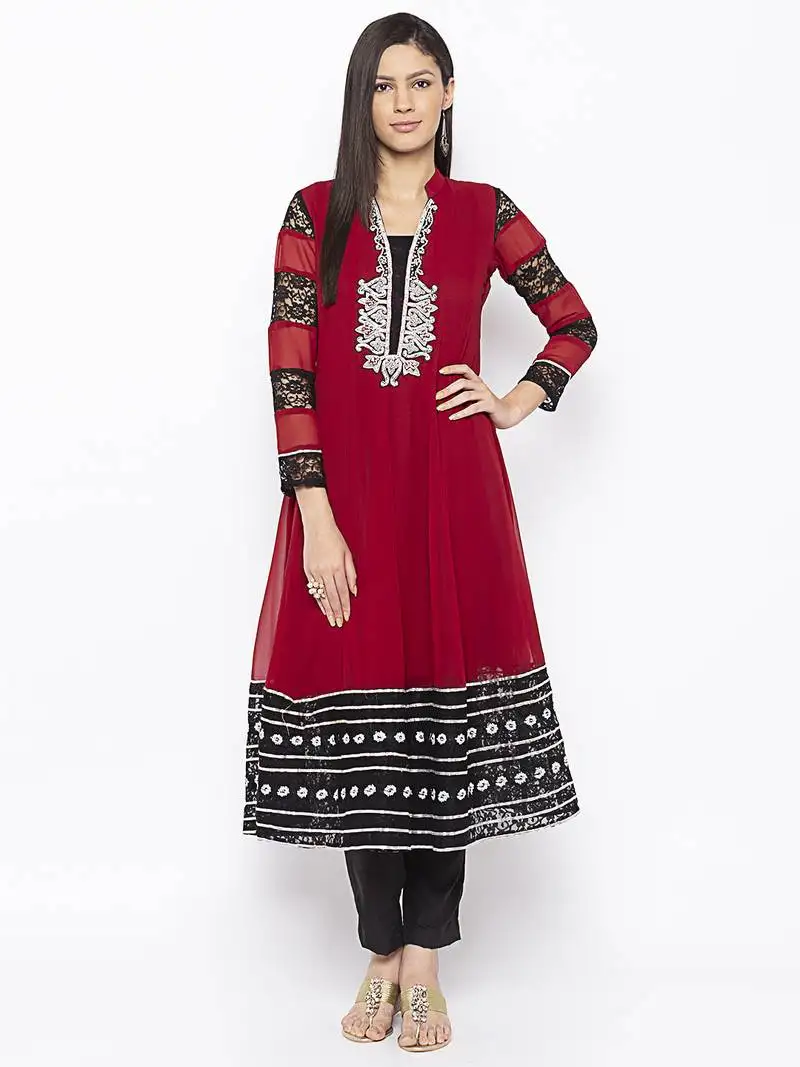 Maroon embroidered georgette party-wear-kurti