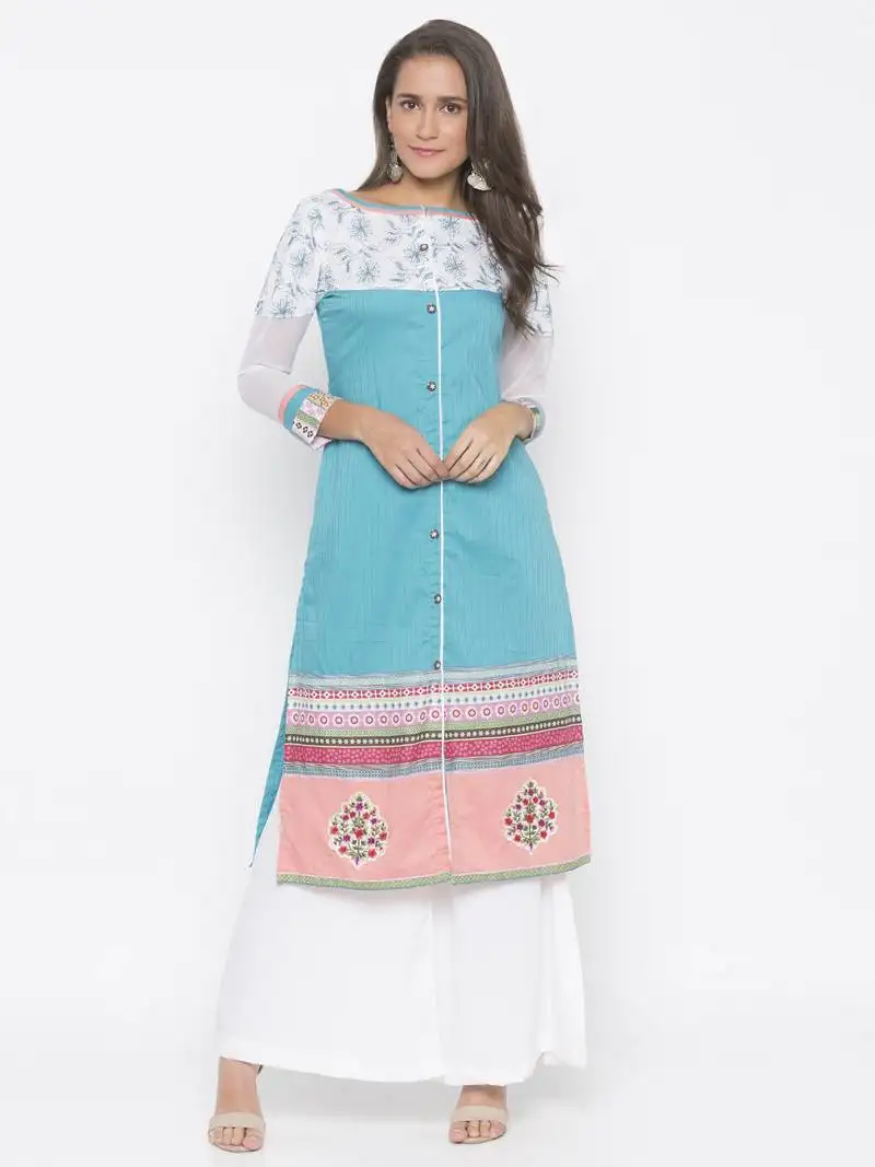 Blue embroidered cotton party-wear-kurti