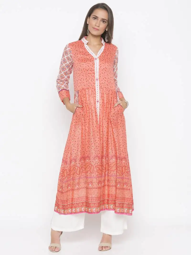 Peach printed cotton party-wear-kurti