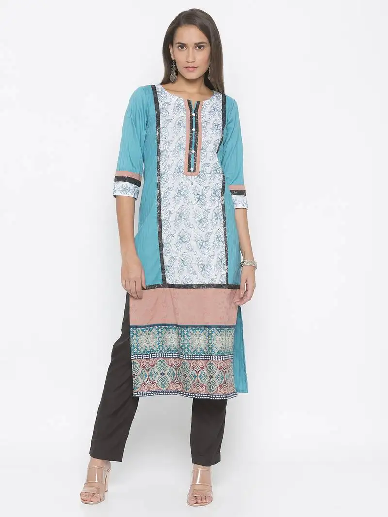 Blue printed cotton party-wear-kurti