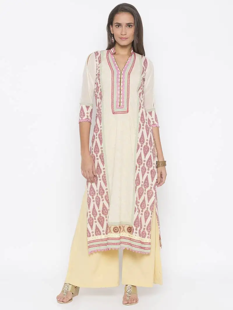 Cream printed cotton party-wear-kurti