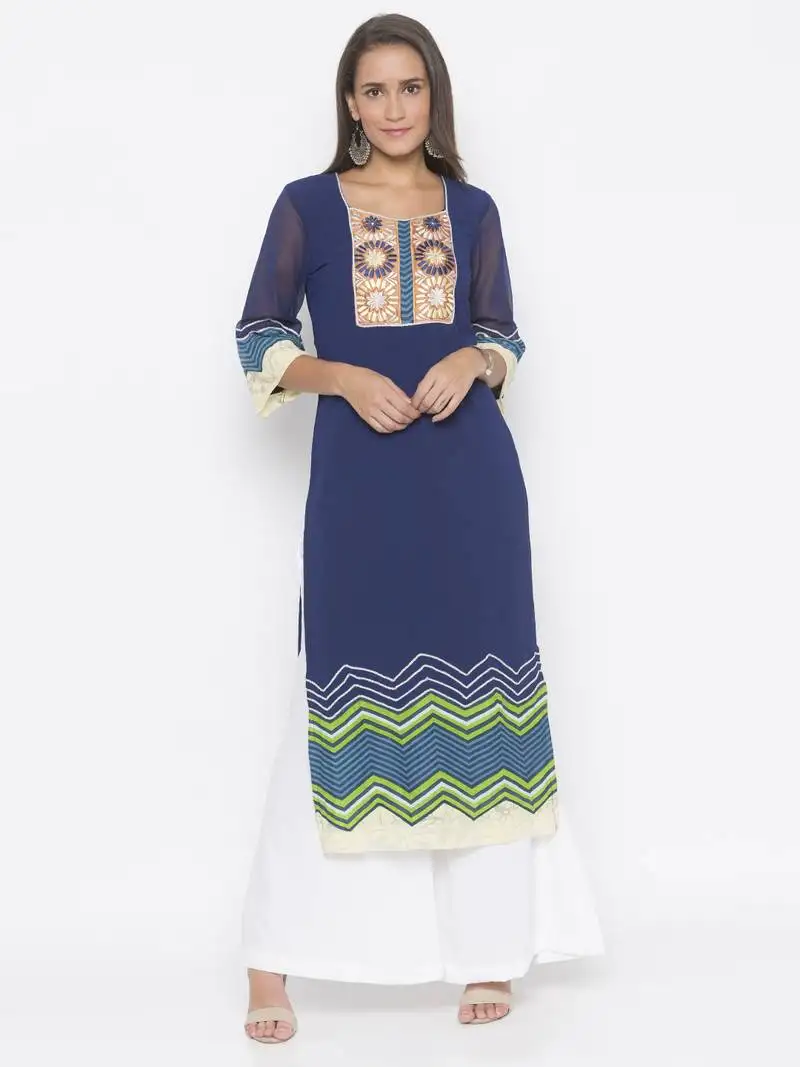 Navy-blue embroidered crepe party-wear-kurti