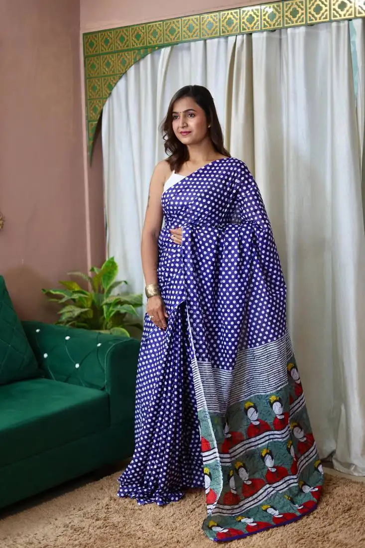 Purple soft mulmul cotton printed fancy saree with blouse