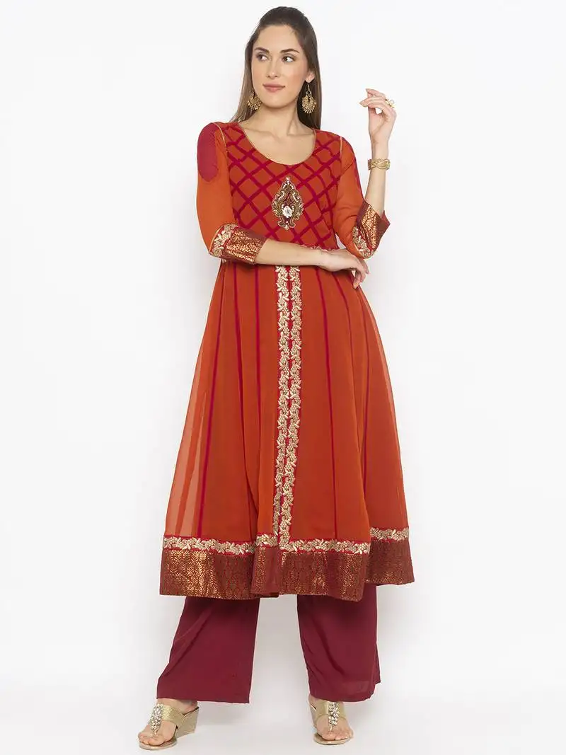 Copper embroidered georgette party-wear-kurti