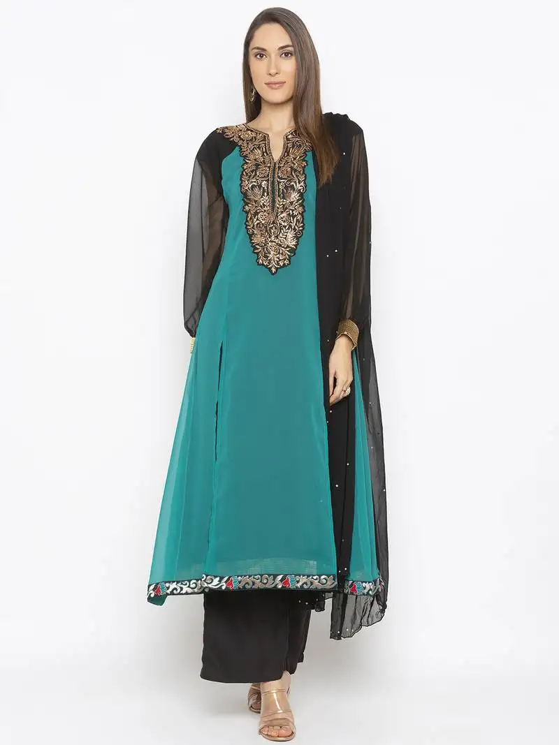 Teal-green embroidered georgette salwar stitched