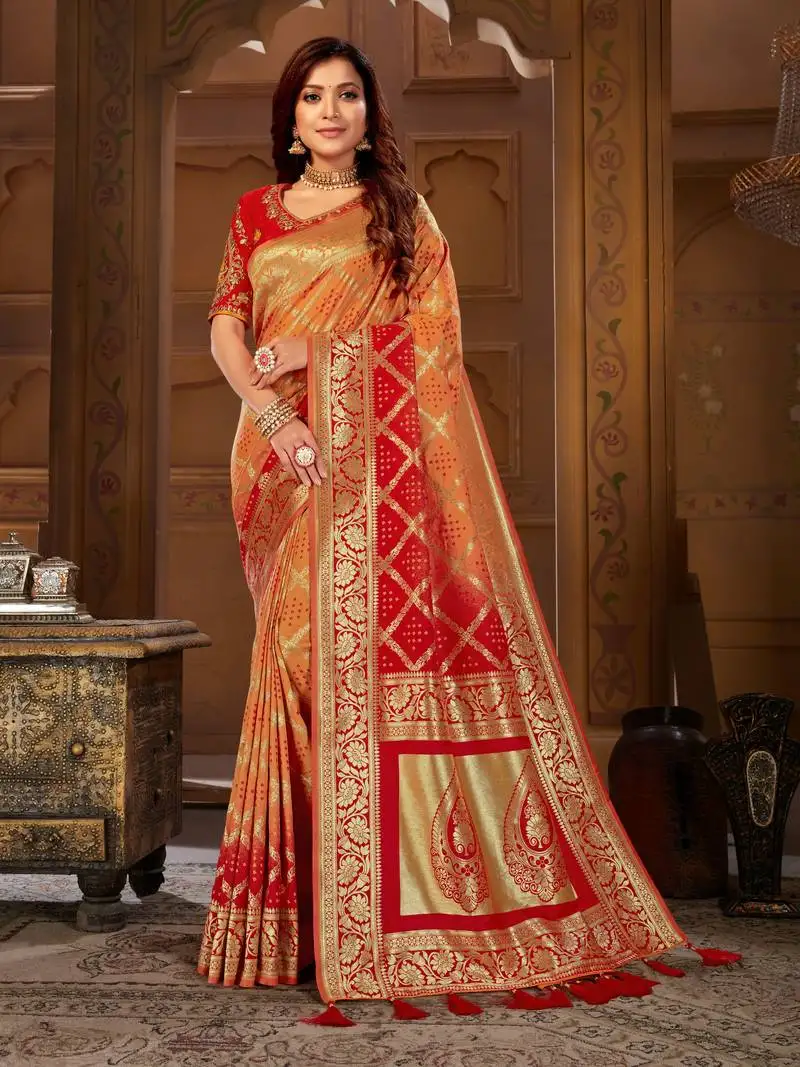 Yellow woven banarasi saree with blouse