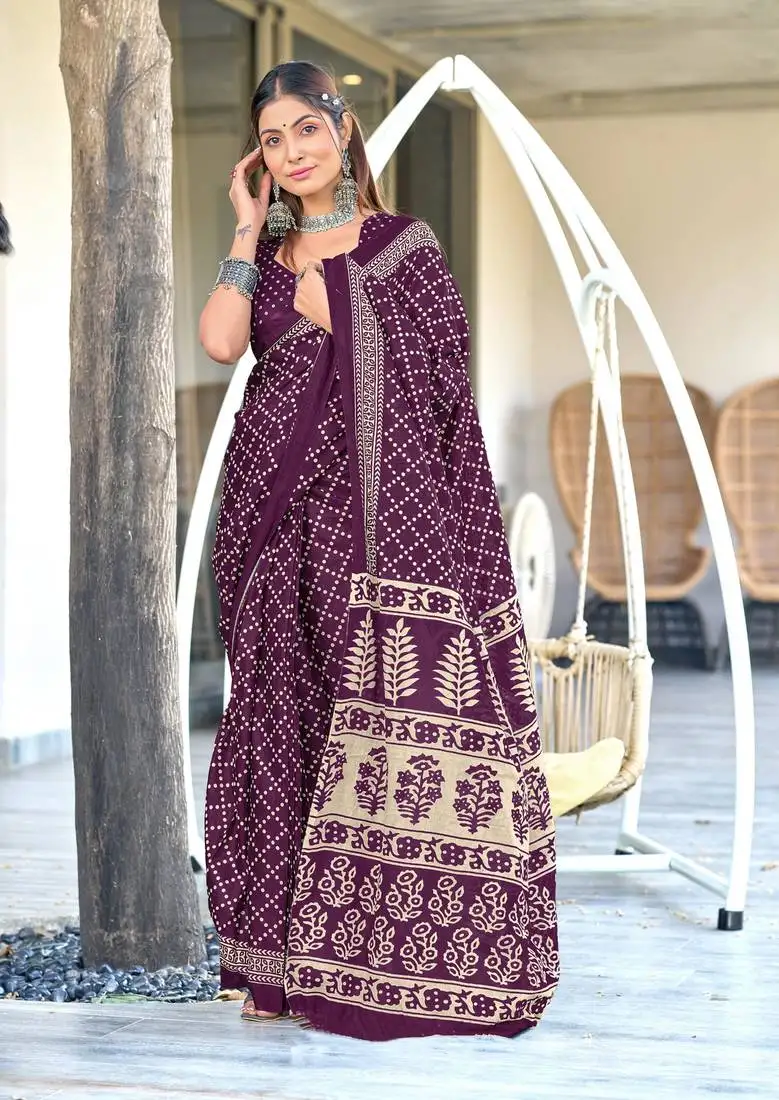 Purple soft cotton printed fancy saree with blouse