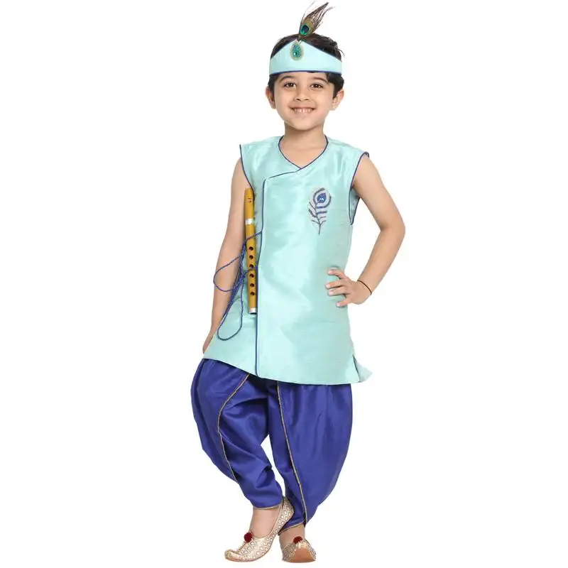 Blue plain silk blend boys-dhoti-kurta