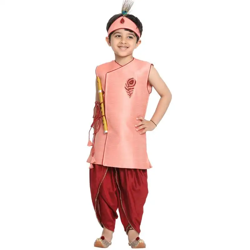 Pink plain silk blend boys-dhoti-kurta