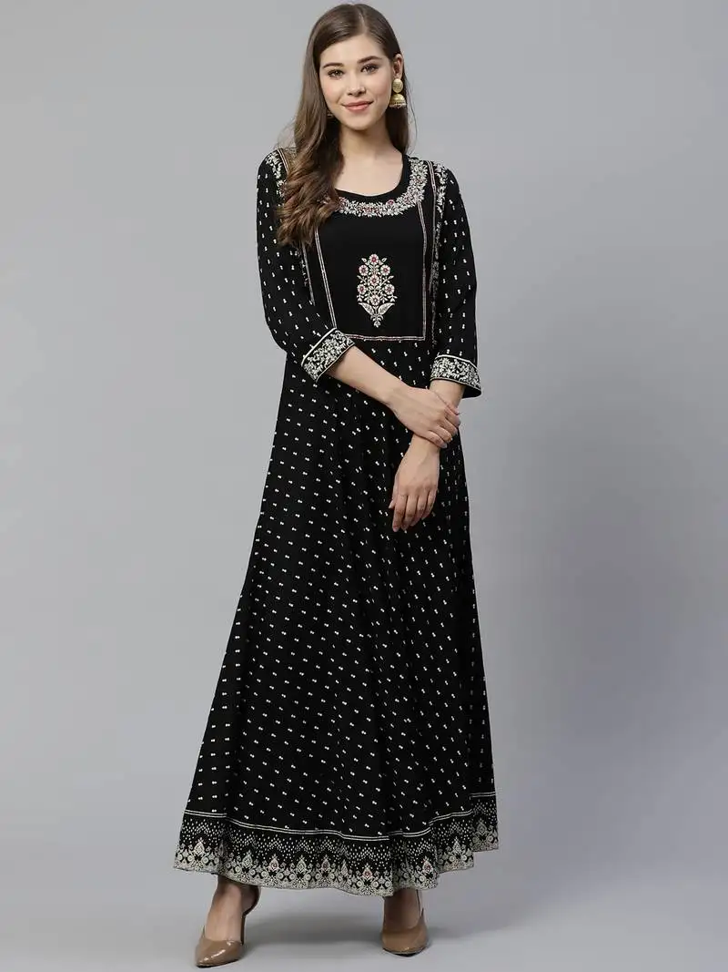Black embroidered rayon long-kurtis