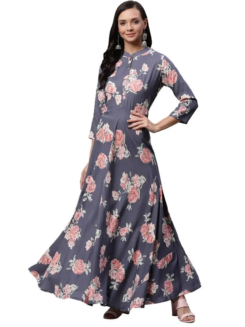 Grey printed rayon long-kurtis