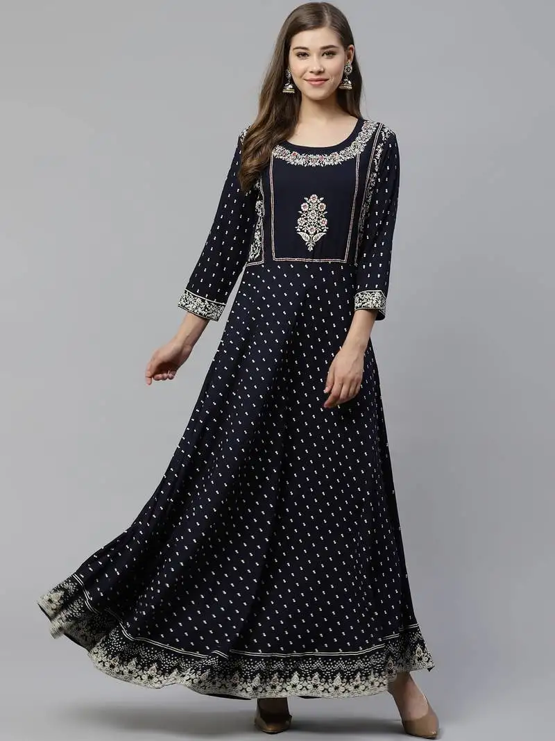 Blue embroidered rayon long-kurtis