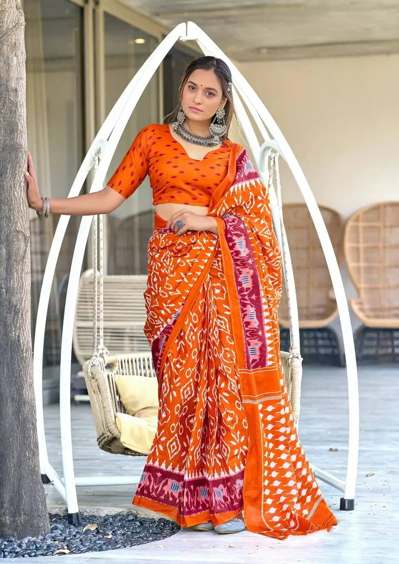 Orange soft cotton printed fancy saree with blouse