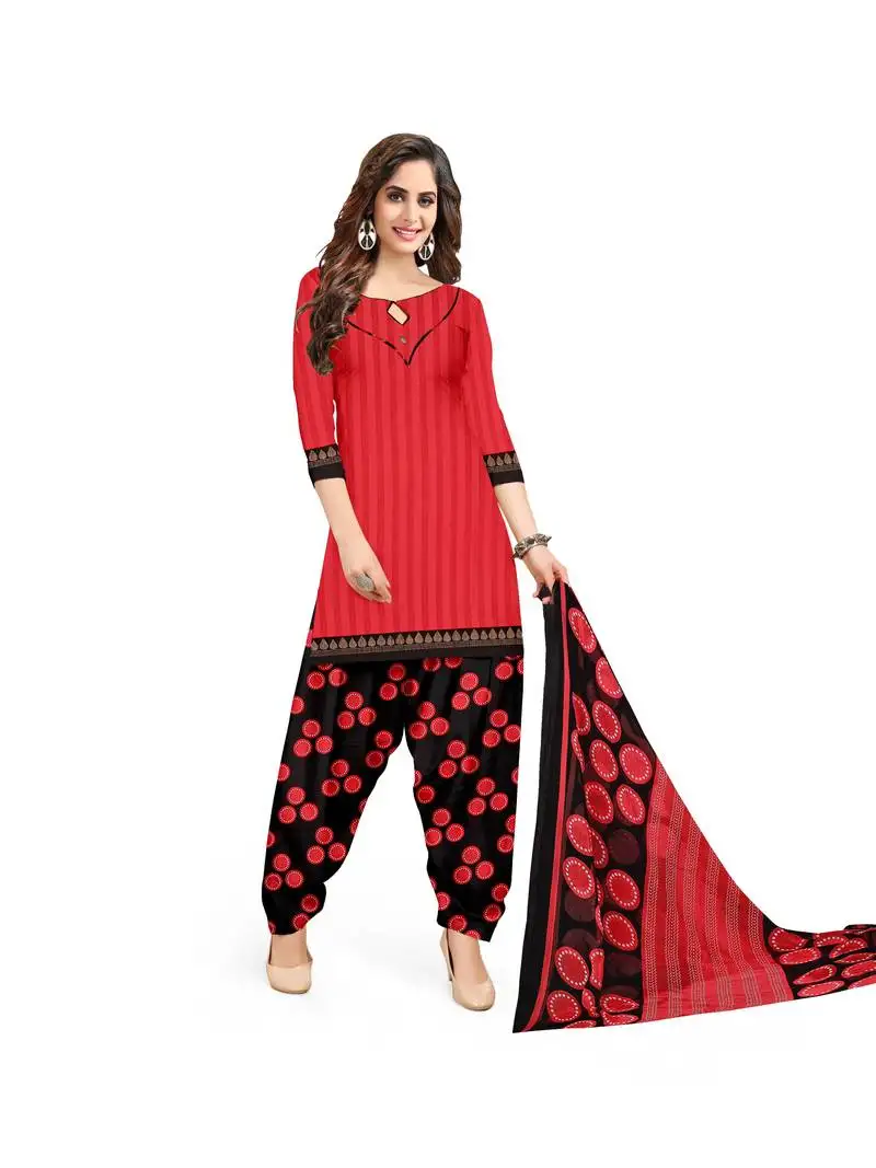 Women's carrot red crepe printed unstitched salwar suit dress material