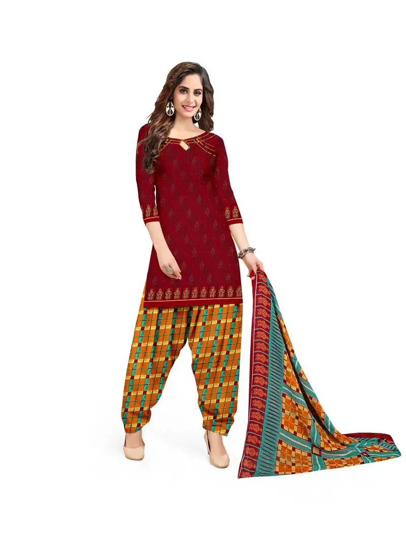 Women's maroon crepe printed unstitched salwar suit dress material