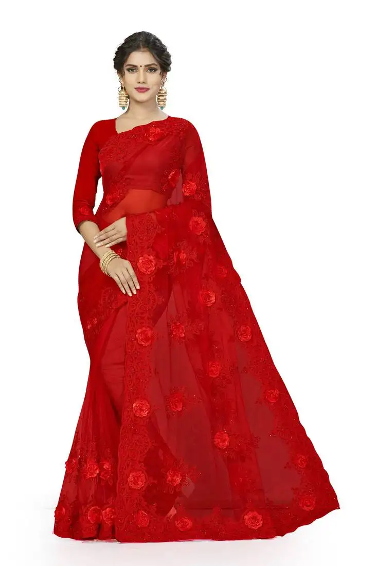 Red embroidered net saree with blouse