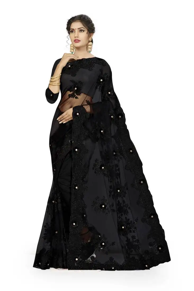 Black embroidered net saree with blouse