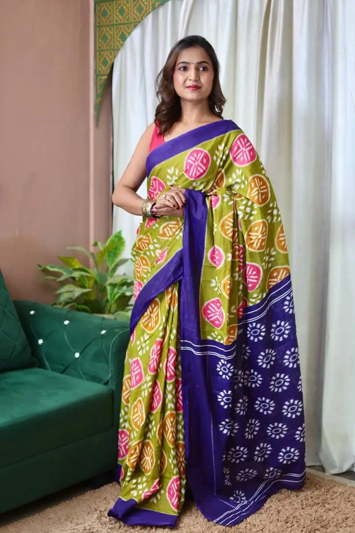 Navy blue mulmul cotton printed fancy saree with blouse