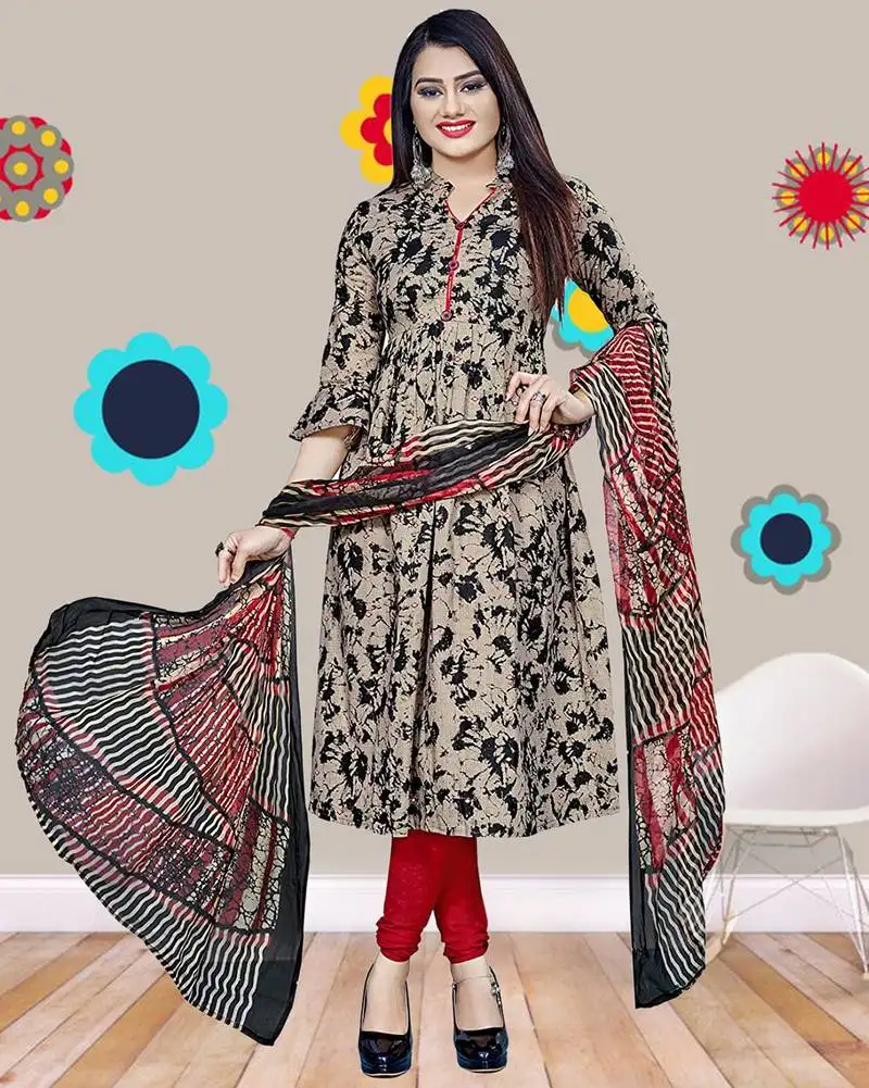 Beige abstract print cotton salwar unstitched