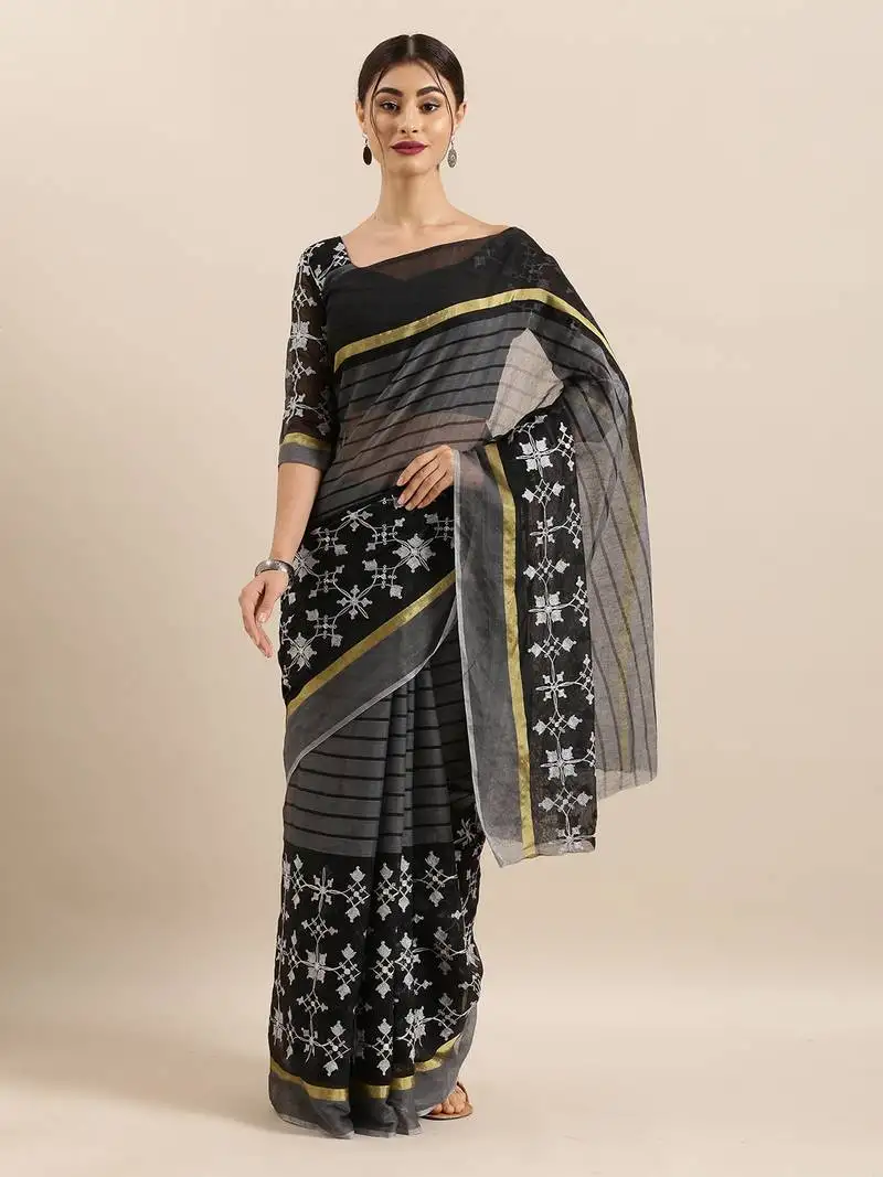 Black embroidered cotton saree with blouse