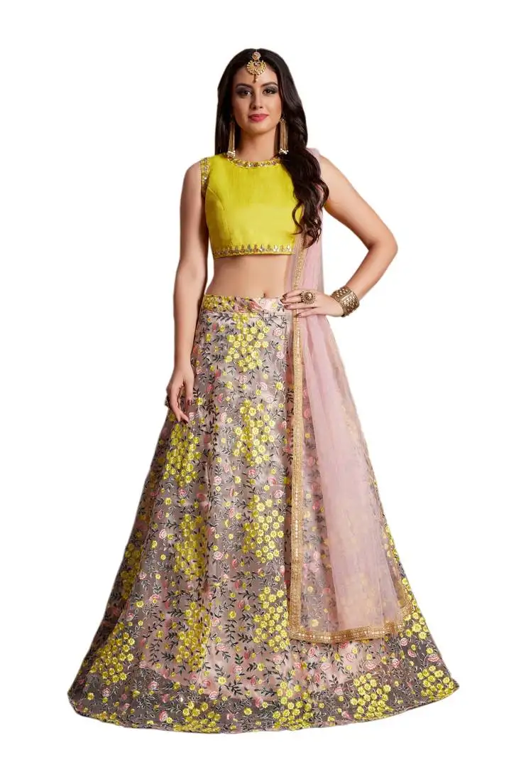 Light-pink embroidered art silk semi stitched bridal lehenga