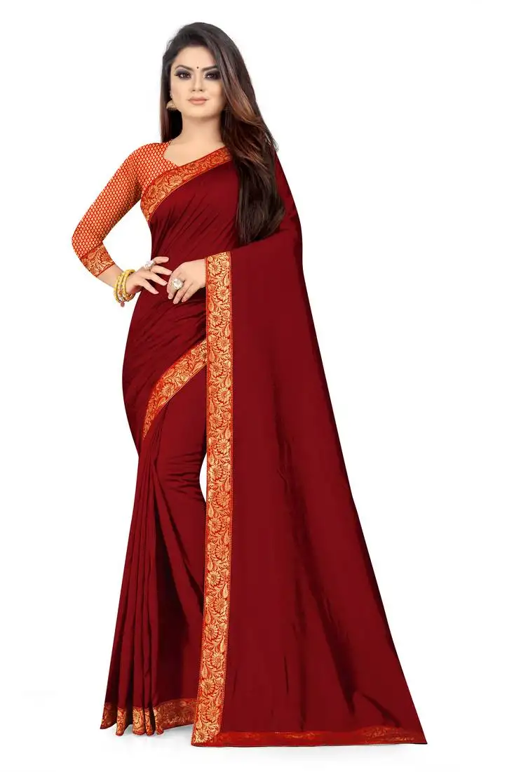 Red plain silk saree with blouse