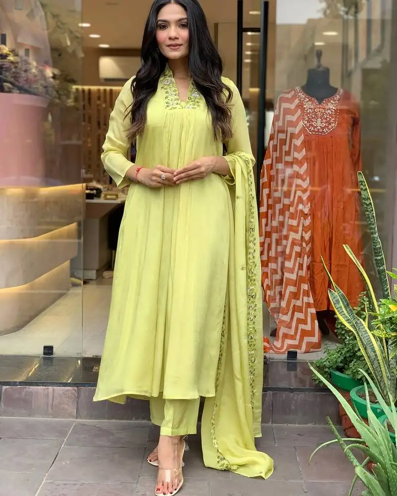 women pure cotton embroidered green kurta with pant and dupatta