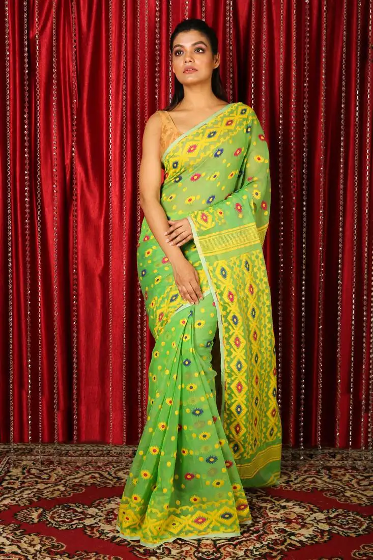 Light green woven blended cotton saree without blouse