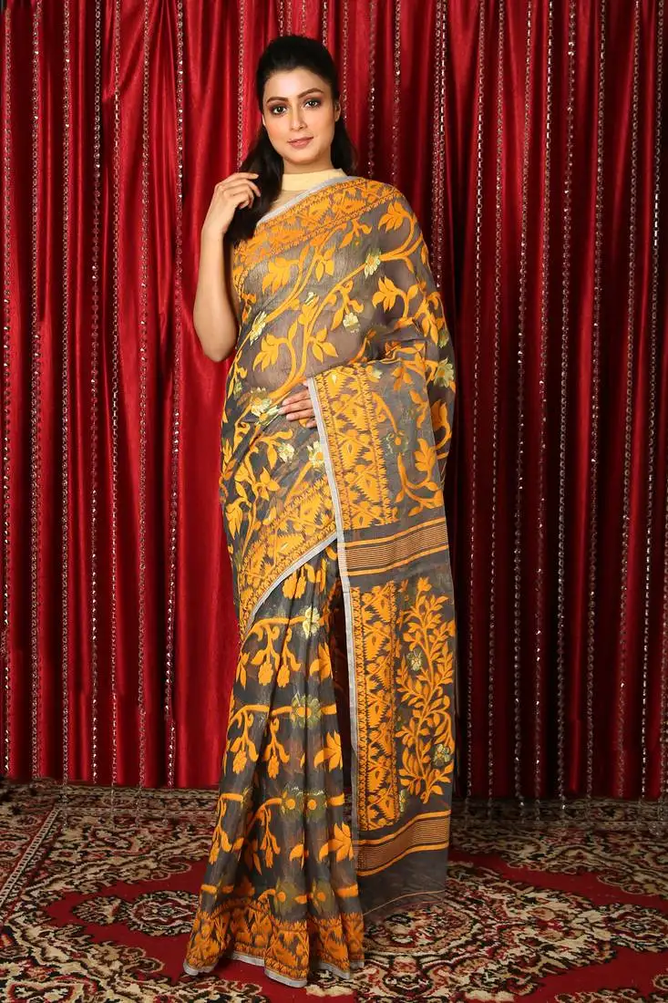 Grey woven blended cotton saree without blouse