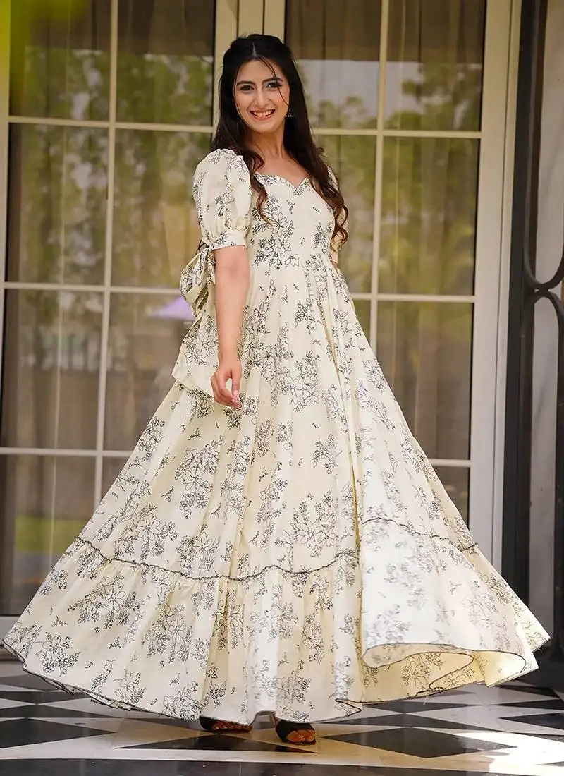 Cream heavy digital printed rayon gown style stitched