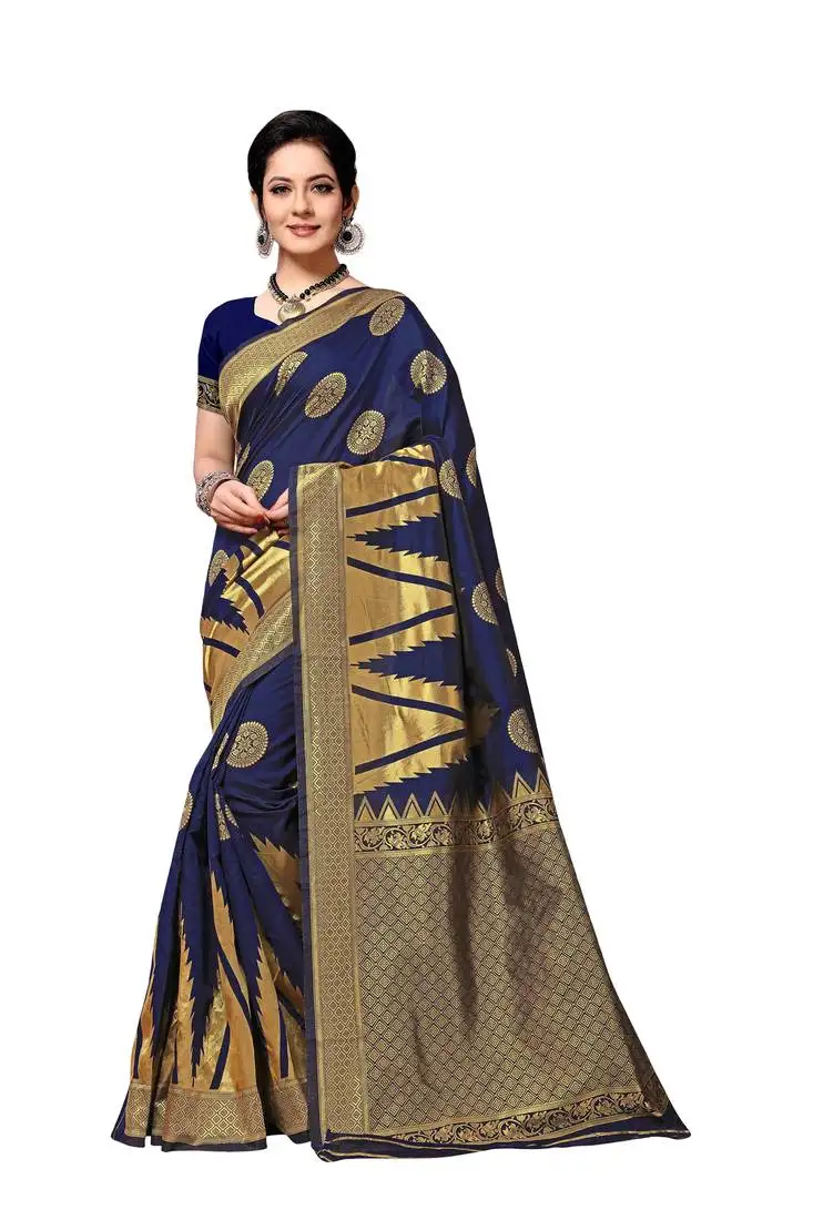 Navy blue woven banarasi silk blend saree with blouse