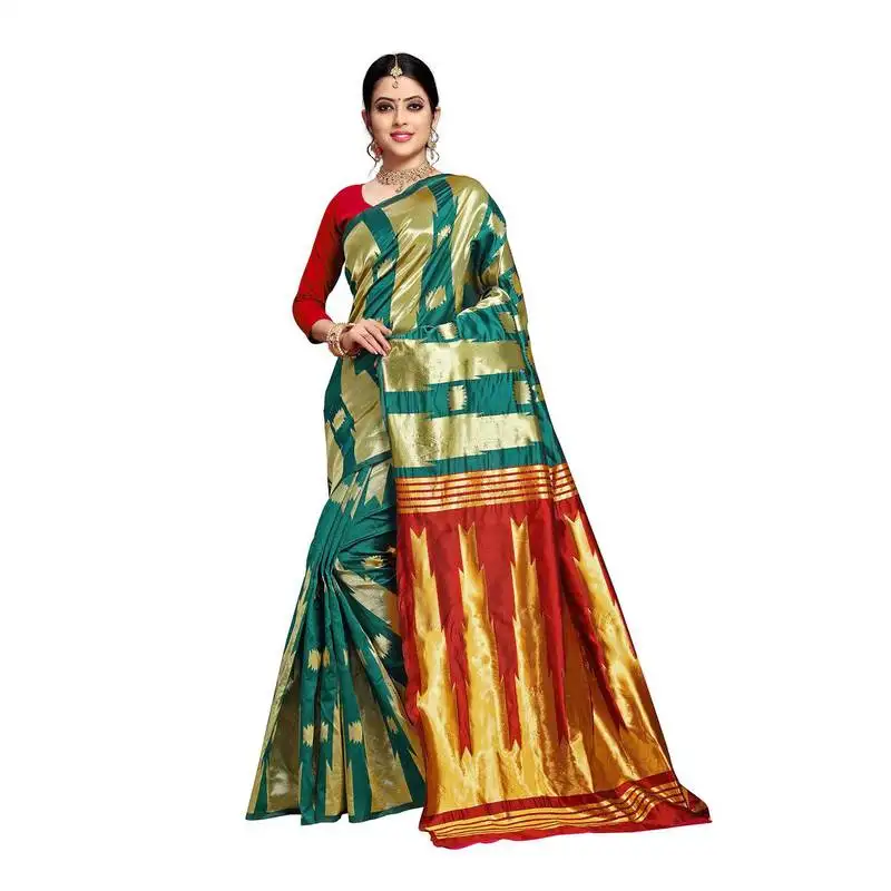 Green woven banarasi silk saree with blouse