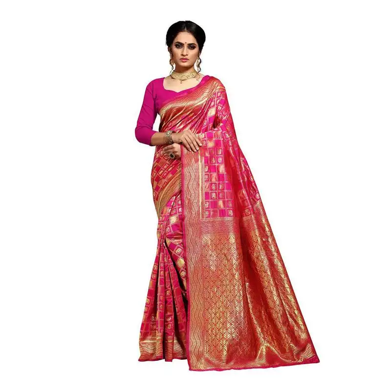 Pink woven banarasi silk blend saree with blouse