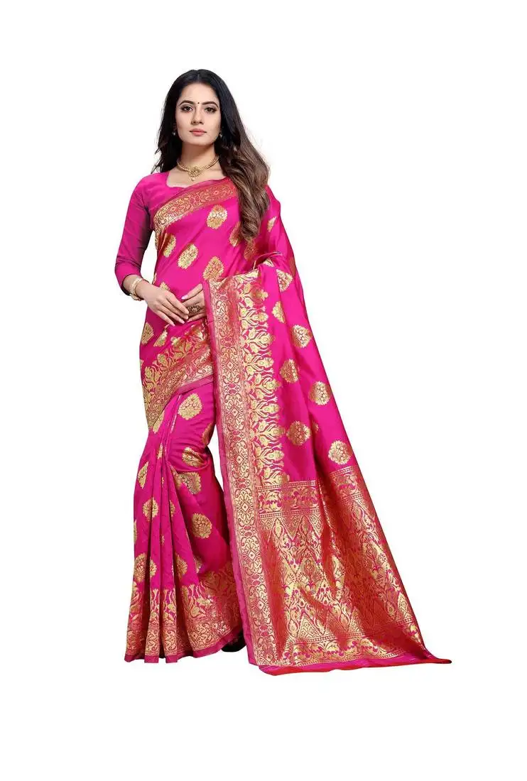 Pink woven banarasi silk saree with blouse