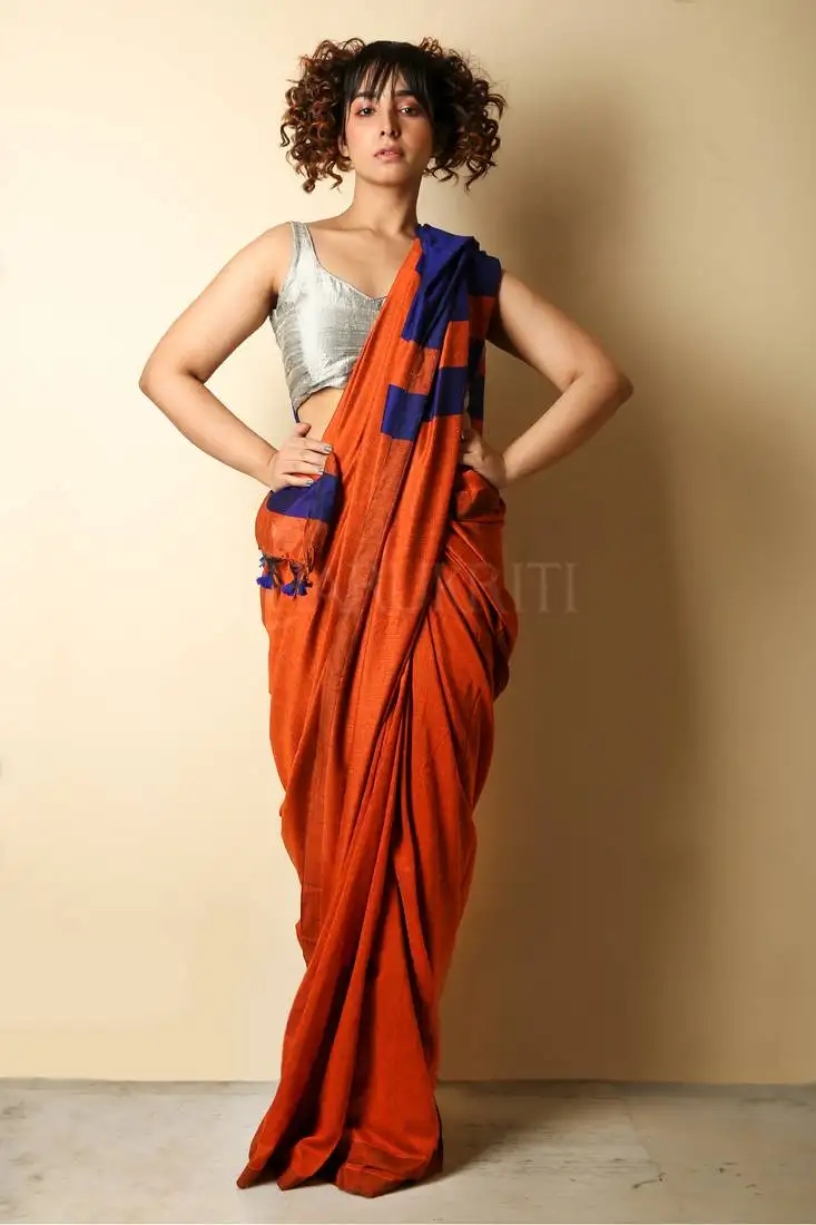 Orange plain blended cotton saree with blouse