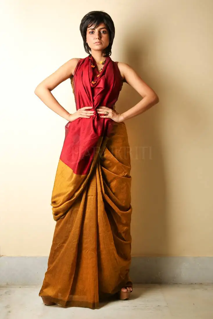 Yellow plain blended cotton saree with blouse