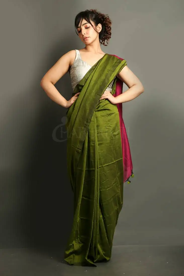 Green plain blended cotton saree with blouse