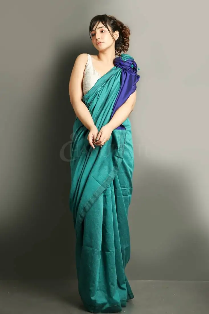 Teal plain blended cotton saree with blouse