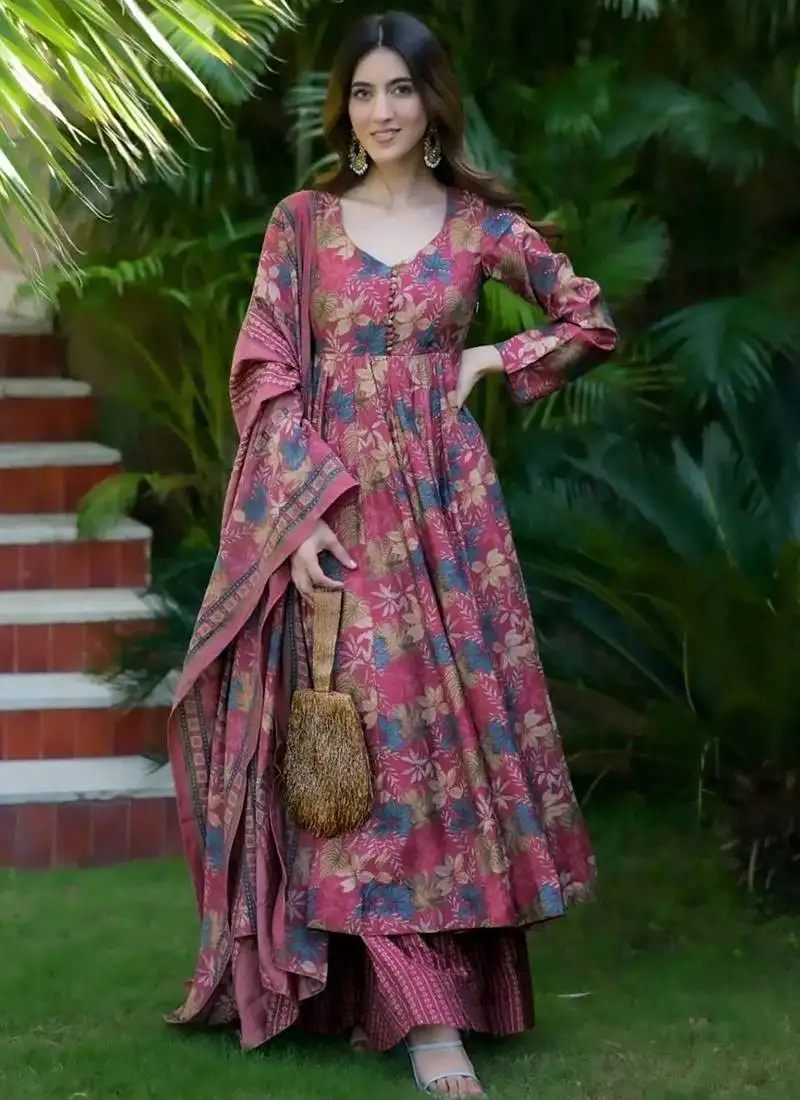 Dusty magenta heavy digital printed maslin anarkali palazzo style stitched