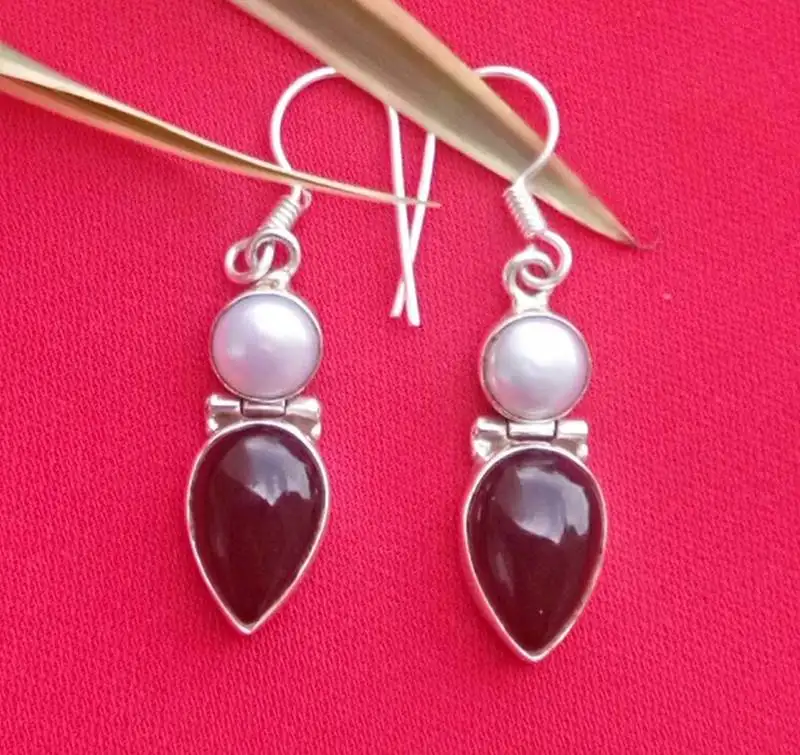 92.5 sterling silver semi precious gem stone & sea water pearl hoop fashion earrings for women & girls