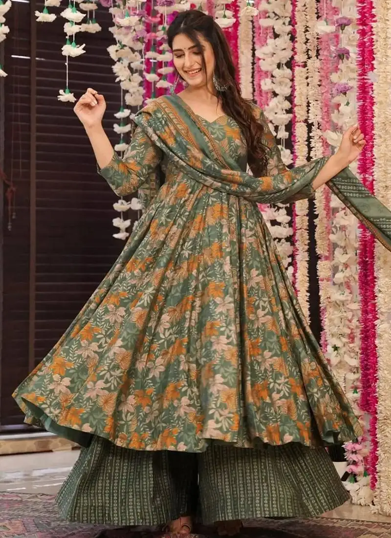 Dusty green heavy digital printed maslin anarkali palazzo style stitched