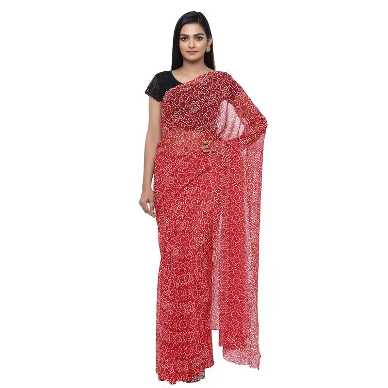 Red printed faux georgette saree with blouse