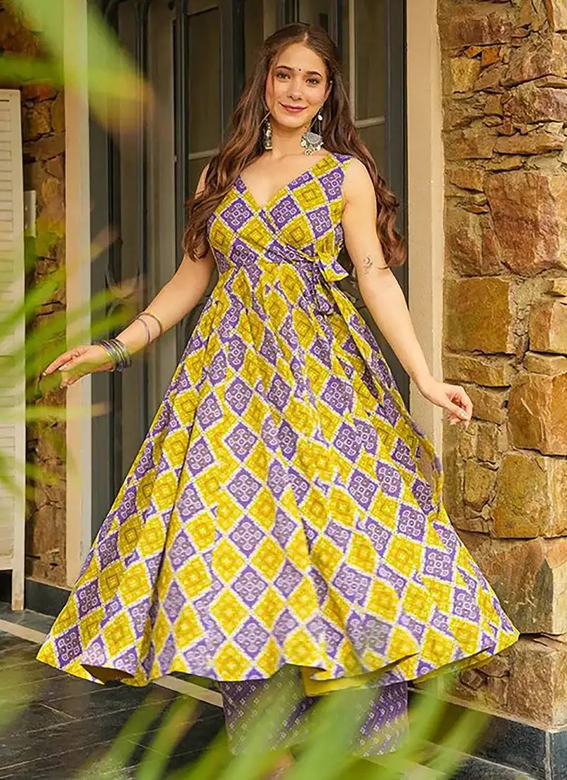 Yellow heavy digital printed heavy rayon gown palazzo style