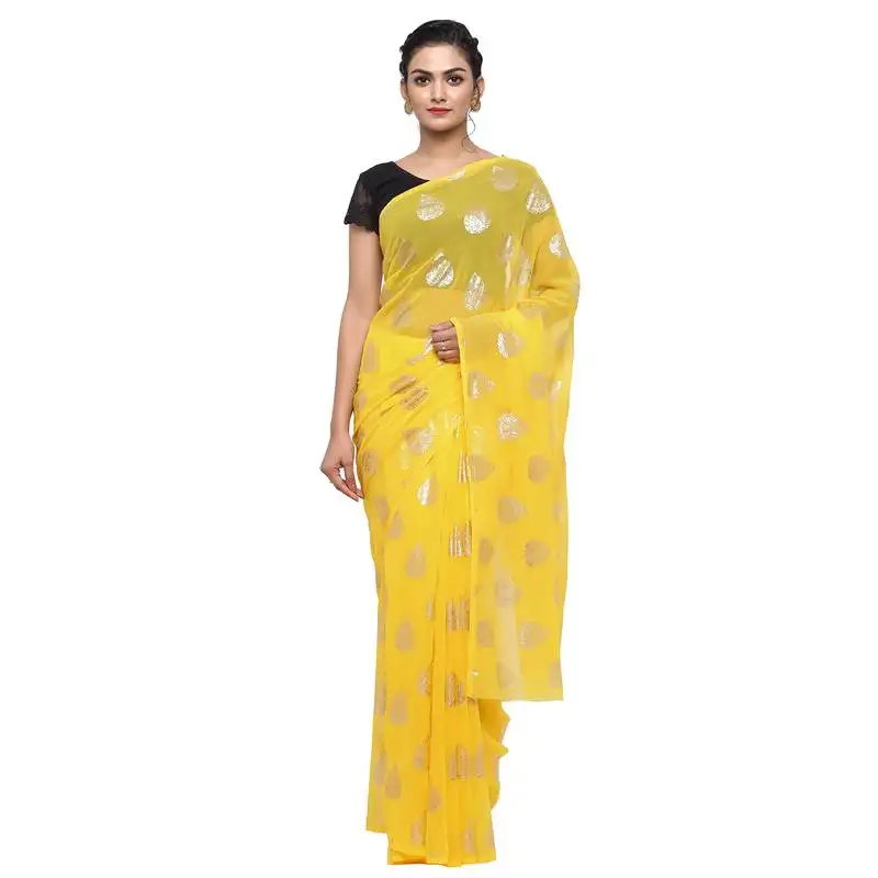 Yellow printed faux georgette saree with blouse