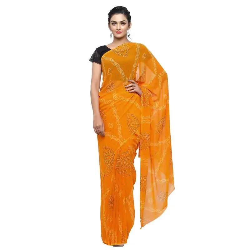 Mustard printed faux georgette saree with blouse