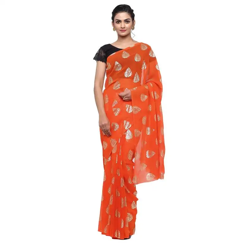 Orange printed faux georgette saree with blouse