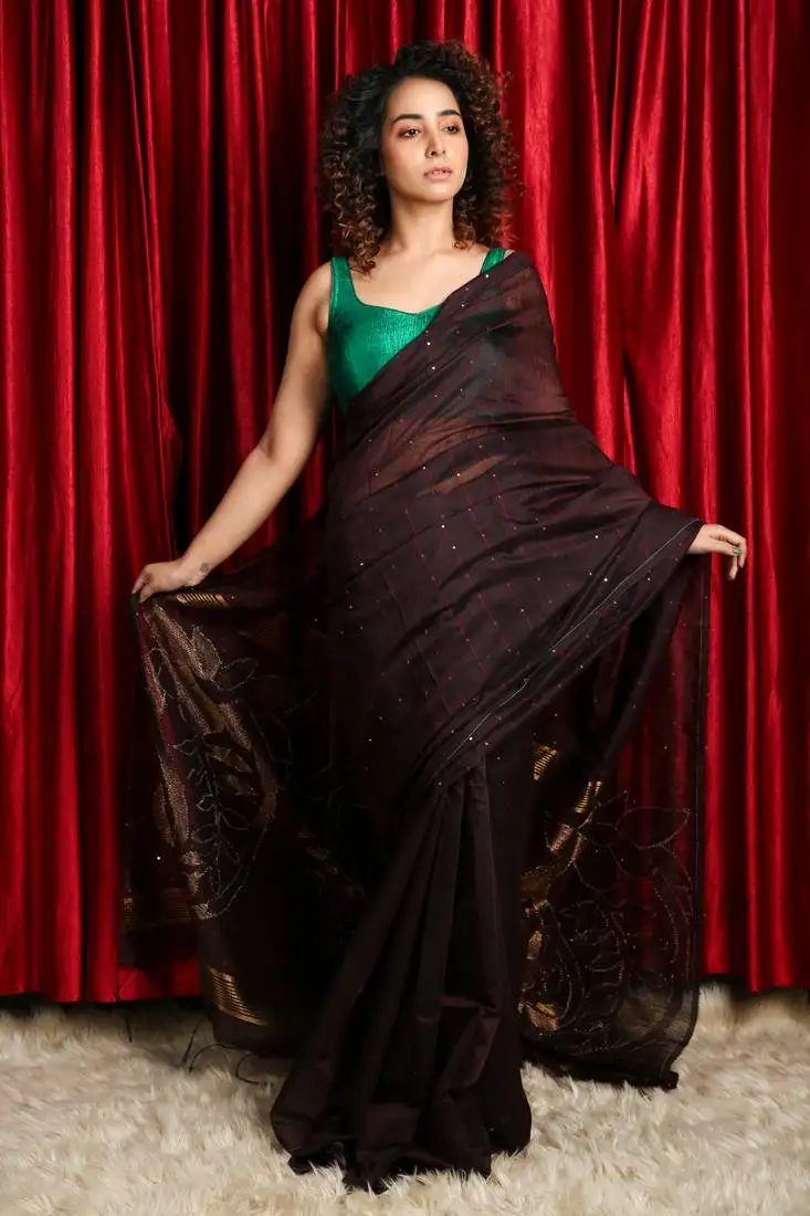 Brown woven blended cotton saree with blouse