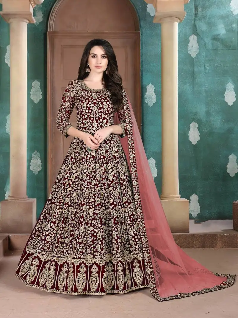 Eid salwar kameez maroon faux georgette embroidered semi stitched