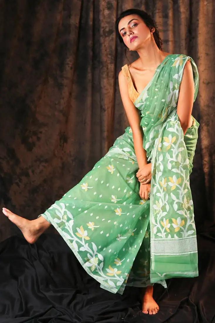 Sea green hand woven blended cotton saree without blouse