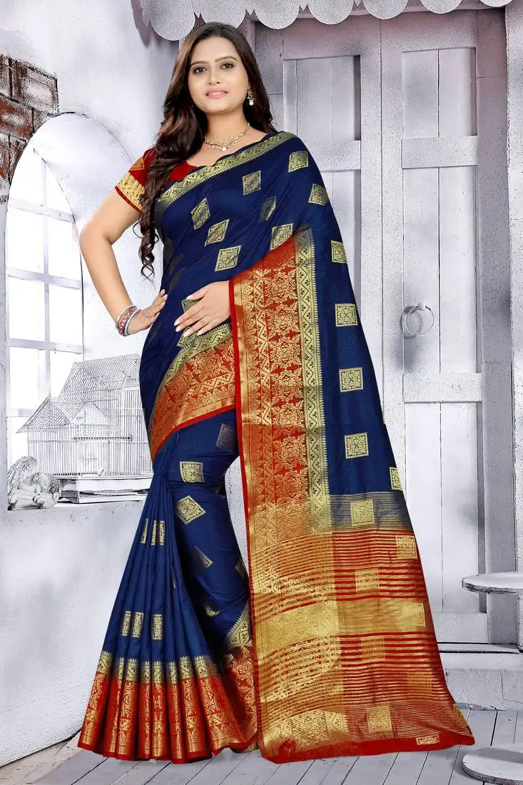 Blue printed banarasi silk saree with blouse